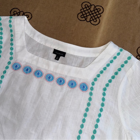 TALBOTS Linen Blend Embroidered Square Neck Top In White/Blue - Picture 8 of 16